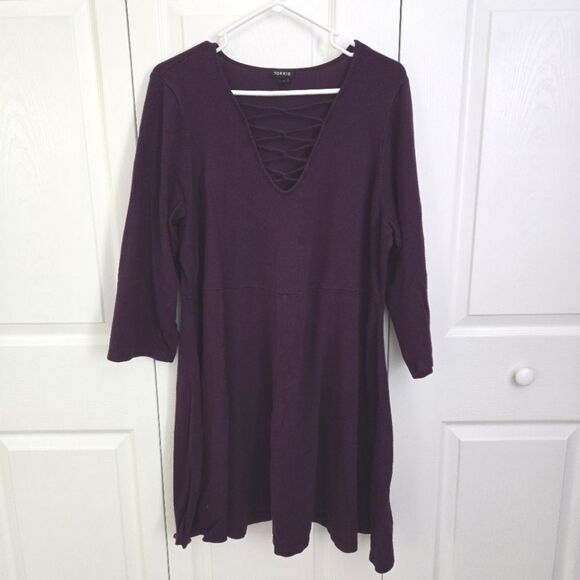 TORRID Dark Purple Mini Sweater Cross Front Skater Dress Size 4 - Picture 1 of 8